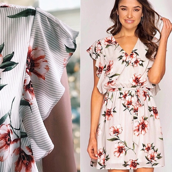 Ruffle Sleeve Floral Striped Surplice Dress - Picture 8 of 9